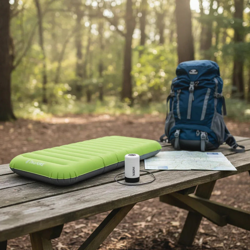 TruAire TPU Camping Mat folded with USB pump on outdoor picnic table next to camping backpack and map