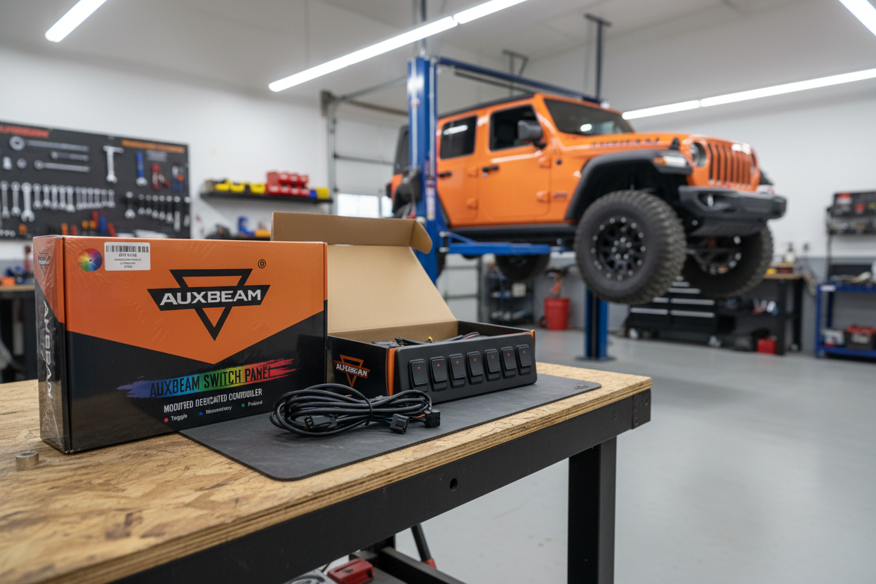 Auxbeam RB80 RGB Switch Panel retail box open on garage workbench with Jeep Wrangler in background - More4less Outlet