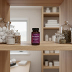 Reserveage Resveratrol 500mg on minimalist wood-grained shelf with clear apothecary containers in wellness closet