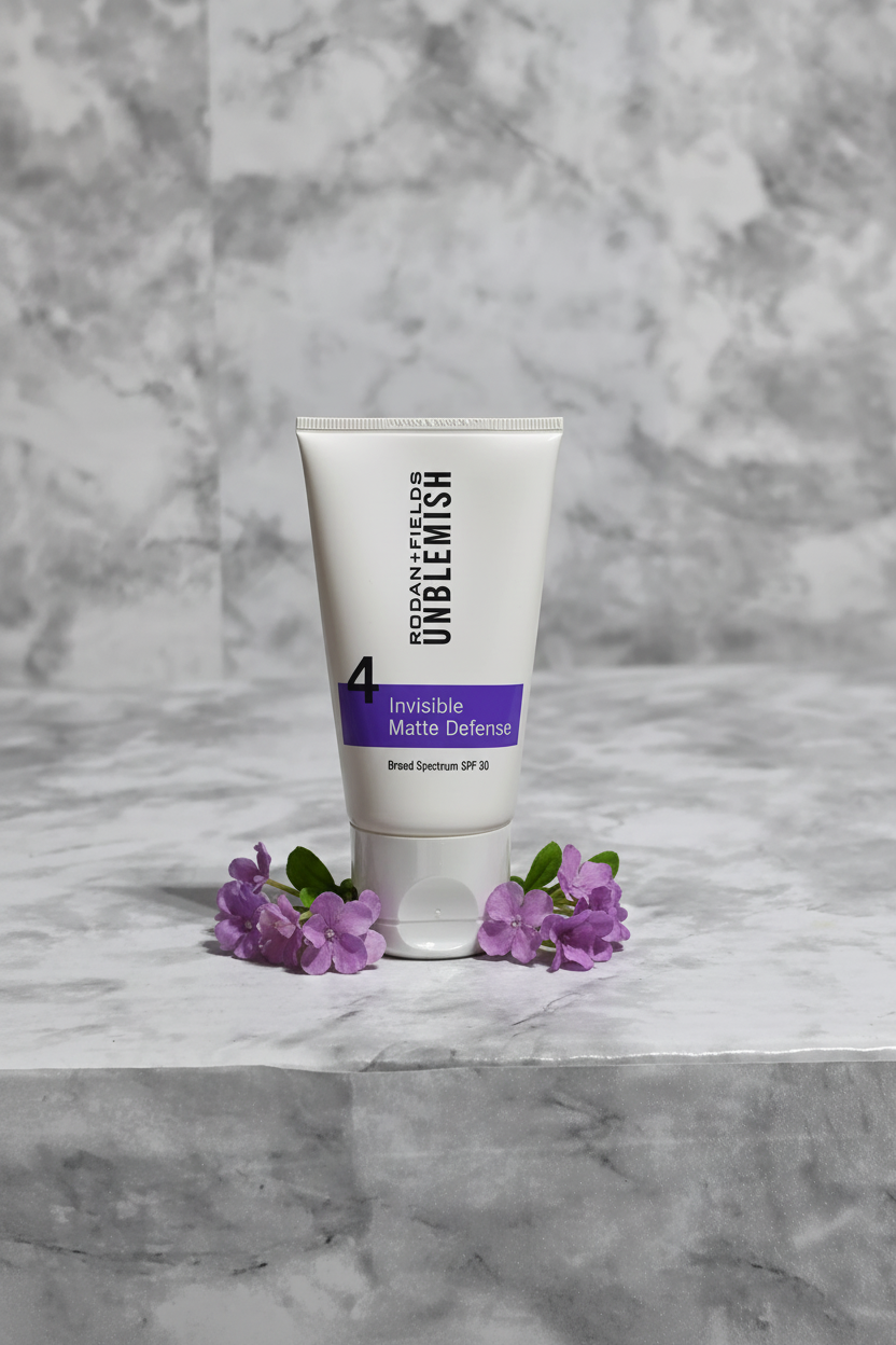 Rodan and Fields UNBLEMISH Invisible Matte Defense SPF 30 tube on white marble with soft purple accent flowers, premium studio skincare photography – More4less Outlet