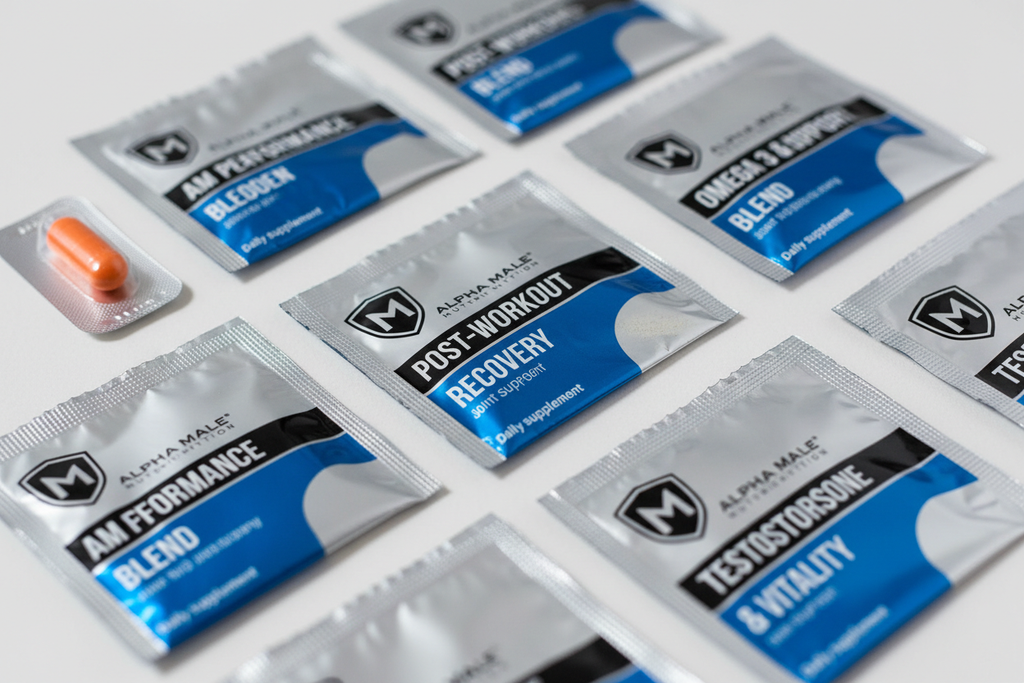 Macro shot of individual GNC Men's Ripped Vitapak daily supplement packets on clean white surface