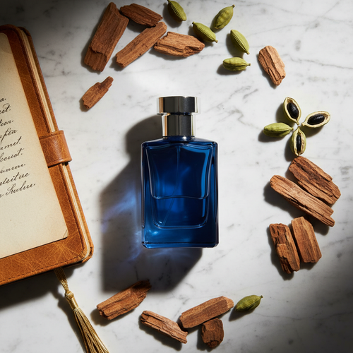 Flat-lay of blue fragrance bottle with cedarwood chips and cardamom pods on marble surface