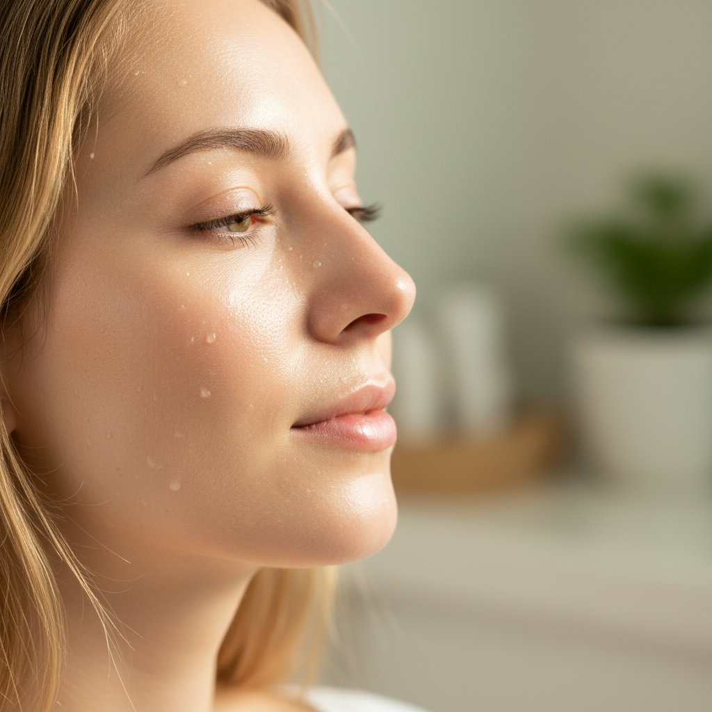 Close-up of woman's glowing radiant skin after skincare routine in soft natural light