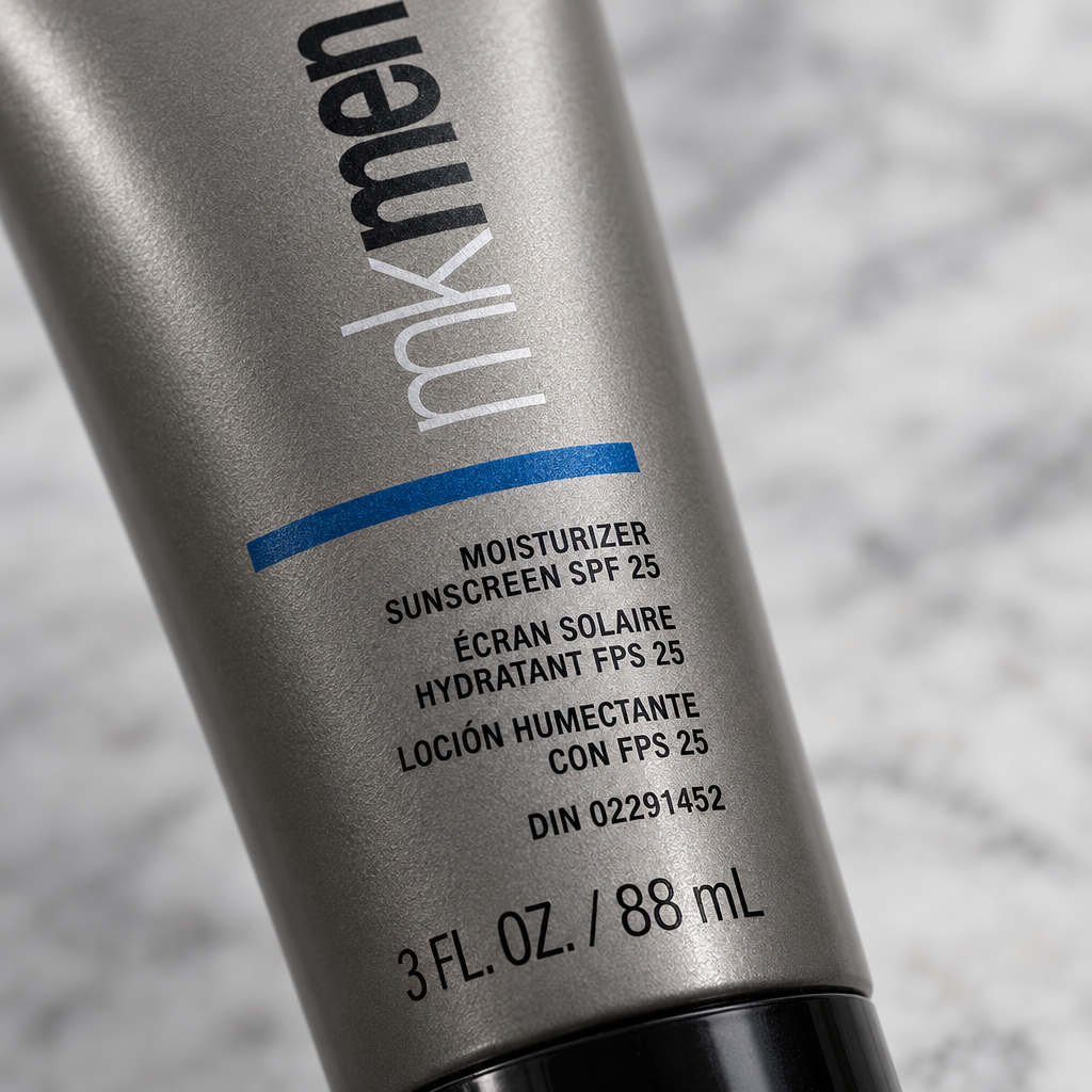 Close-up of the label on the Mary Kay MKMen Moisturizer Sunscreen SPF 25 tube
