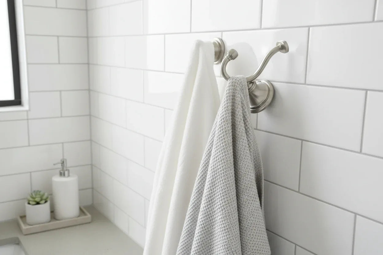 Clean bathroom aesthetic featuring brushed nickel robe hook mounted on subway tile