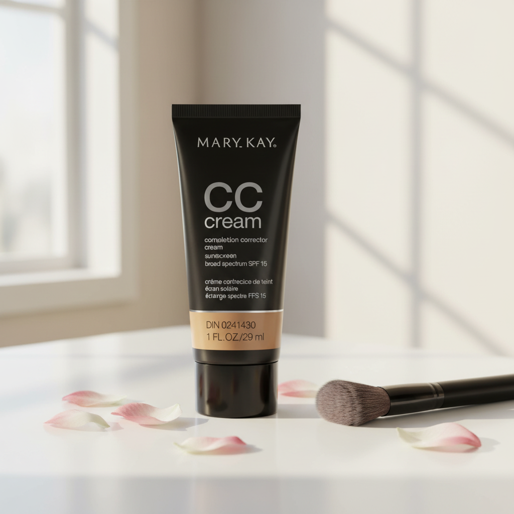 Mary Kay CC Cream SPF 15 single tube on vanity countertop with makeup brush – lifestyle photo, More4less Outlet