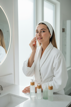 Woman applying liquid toner with cotton pad skincare routine lifestyle photo