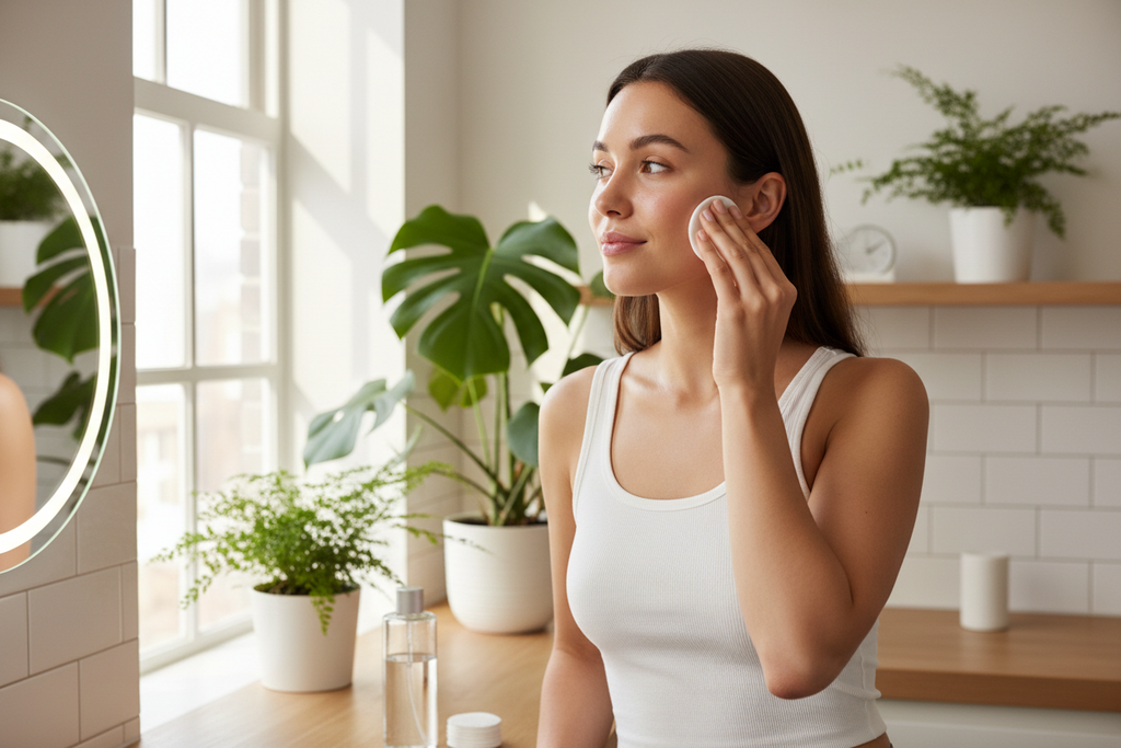Woman applying facial toner with cotton pad at bathroom vanity mirror - skincare toner routine lifestyle
