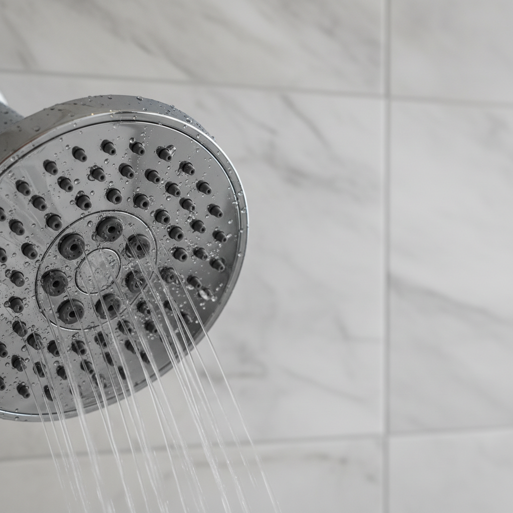 Macro shot of round chrome showerhead nozzle face against light grey marble tiles