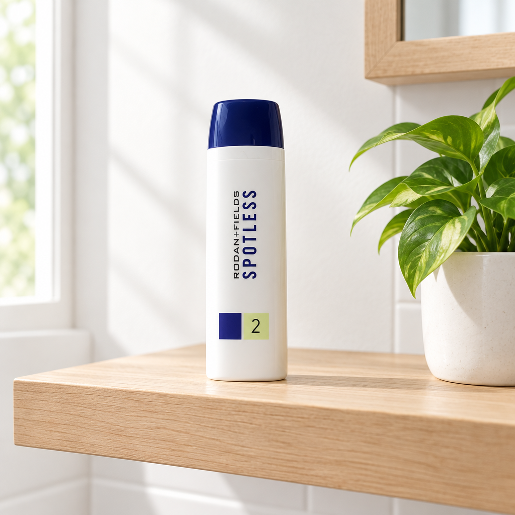 Rodan + Fields SPOTLESS Step 2 bottle on a wooden bathroom shelf beside a plant