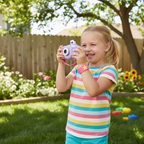 Happy young girl holding Vivitar Kids Tech Kidzcam Camcorder purple panda edition recording video outdoors in sunny backyard