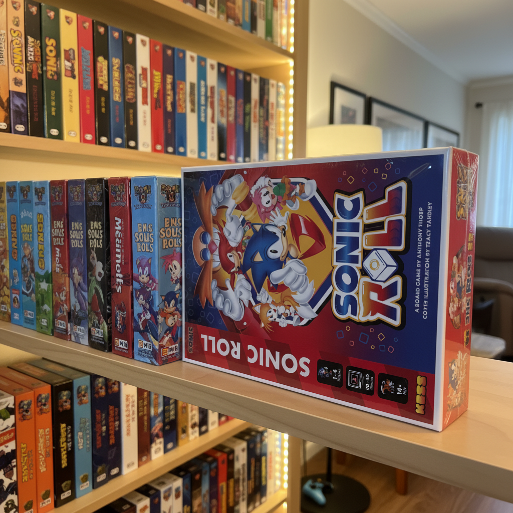 Sonic Roll board game by KESS Entertainment — factory-sealed retail box on a bright game room shelf alongside other colorful board game boxes with warm ambient lighting — fun inviting game collection lifestyle scene