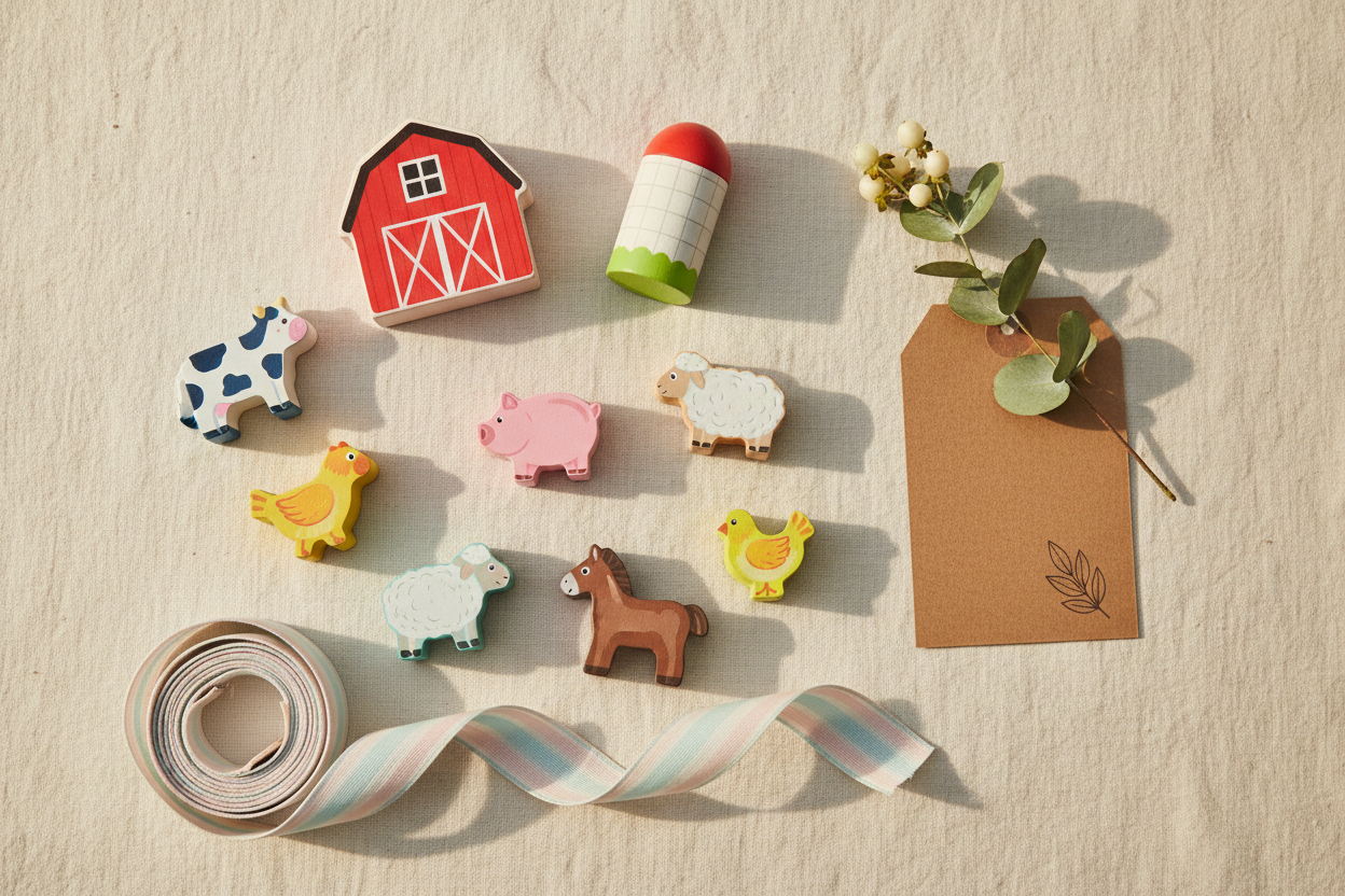 Colorful children's farm toy set arranged as a gift flat lay on cream linen with kraft paper tag and greenery