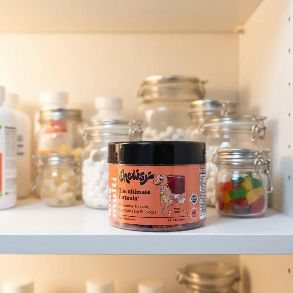 Chewsy Kids Multi jar in organized family health cabinet with clear glass storage jars