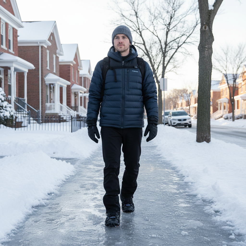 Person wearing Yaktrax Winter Trax black traction cleats on winter boots walking on icy sidewalk in snowy neighborhood – More4less Outlet