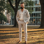 Stylish bearded man smiling confidently outdoors in natural sunlight
