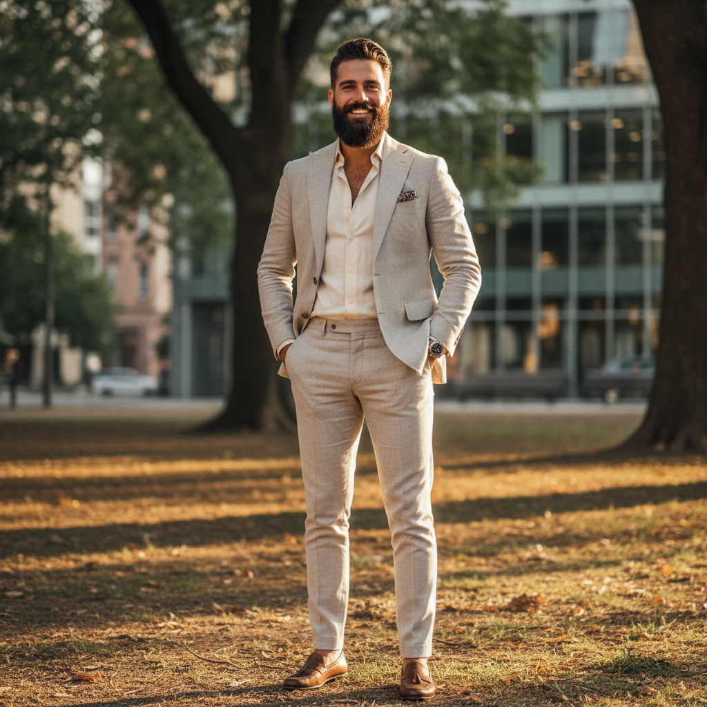 Stylish bearded man smiling confidently outdoors in natural sunlight