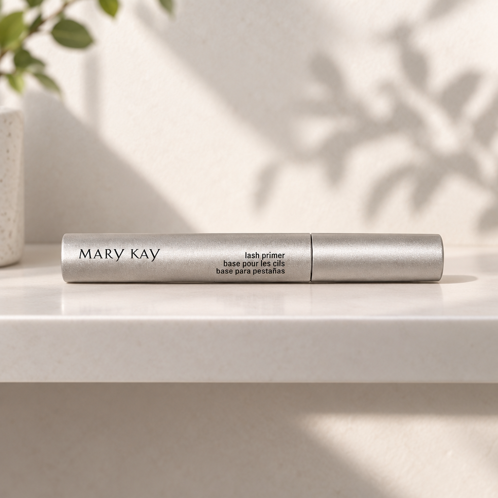 Mary Kay Lash Primer silver tube on a pale shelf in soft morning light