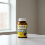 MegaFood Women's 40+ One Daily multivitamin amber glass bottle in soft natural window light on white quartz countertop – More4less Outlet