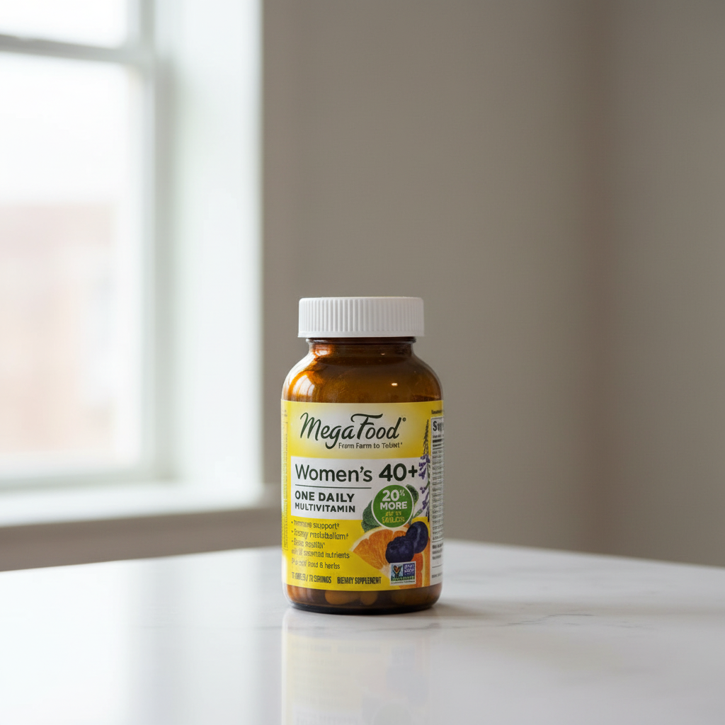 MegaFood Women's 40+ One Daily multivitamin amber glass bottle in soft natural window light on white quartz countertop – More4less Outlet