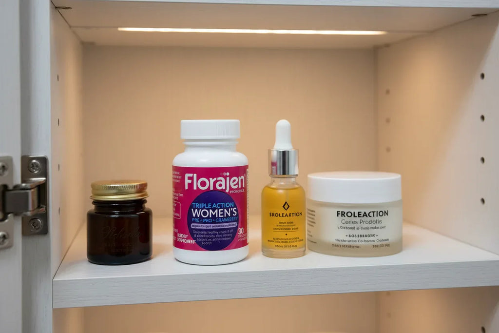 Florajen Women's Triple Action Probiotic 30ct bottle in white oak medicine cabinet with skincare jars — organized women's wellness supplement display