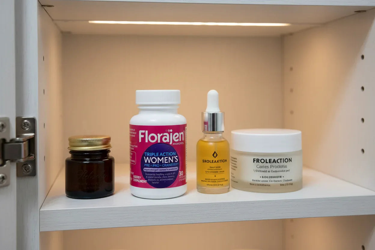 Florajen Women's Triple Action Probiotic 30ct bottle in white oak medicine cabinet with skincare jars — organized women's wellness supplement display