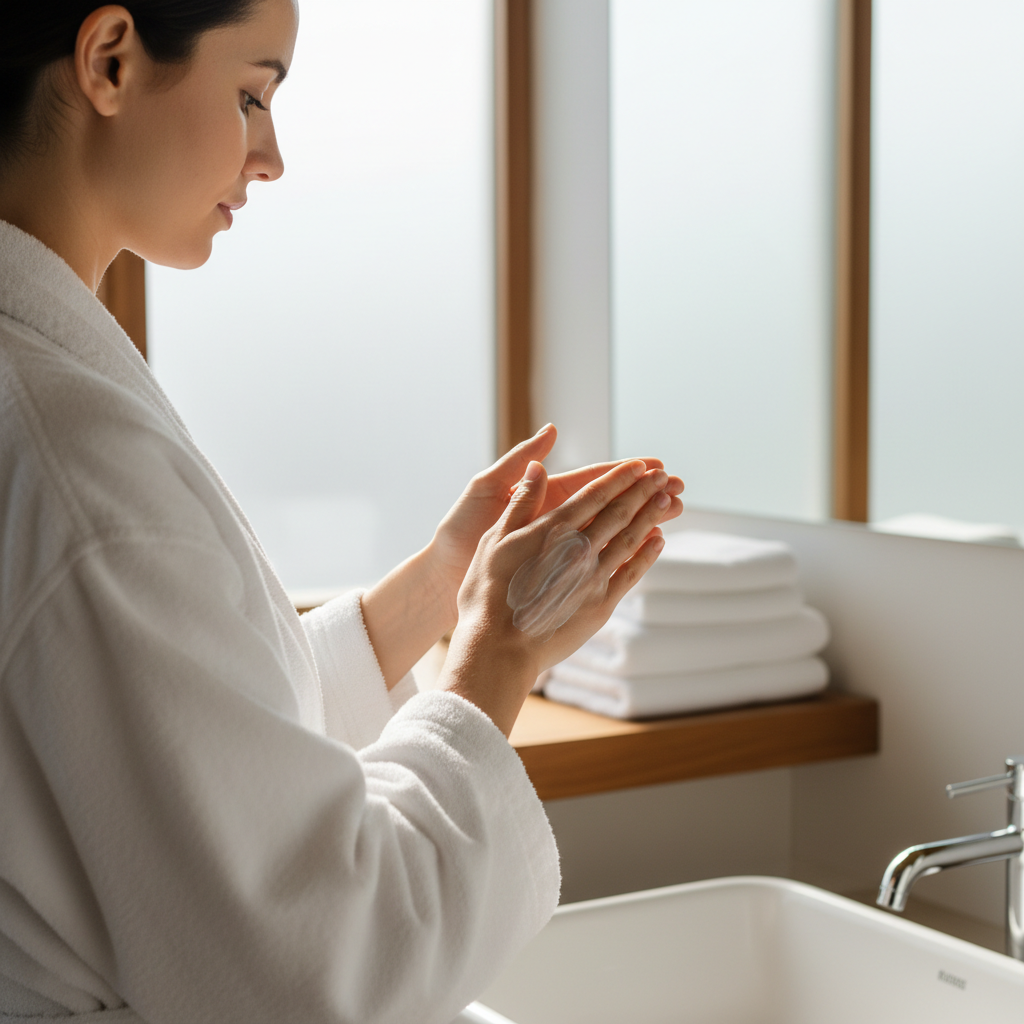 Person applying smooth body lotion to arms in modern bathroom with white towels