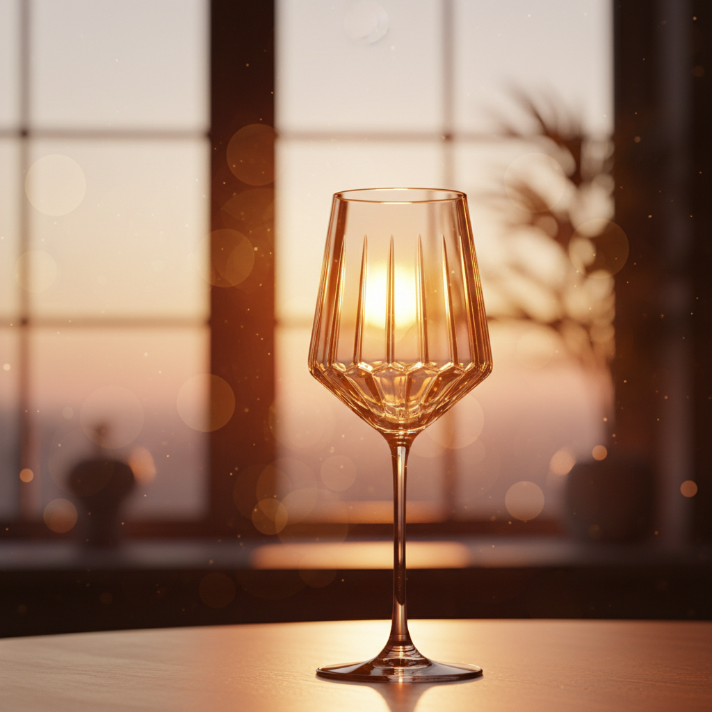German lead-free crystal wine glass catching warm evening window light