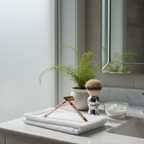 Women's shaving accessories on a clean morning bathroom vanity