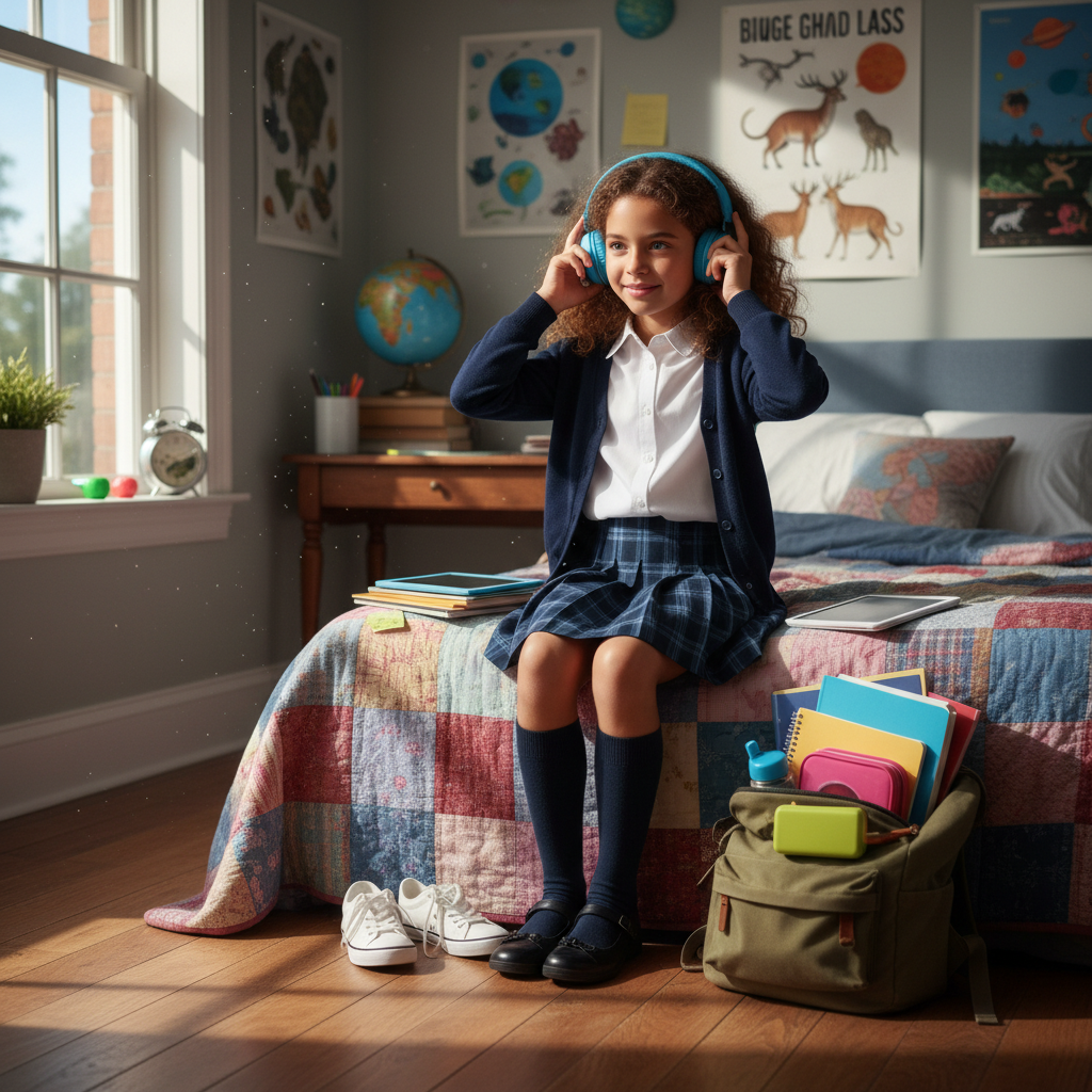 Young girl with over-ear headphones getting ready for school with backpack in morning light