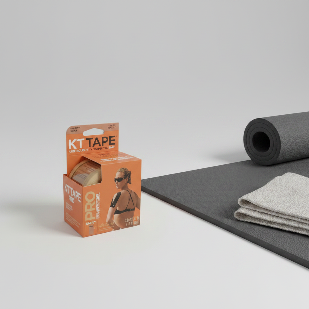AI-generated contextual image of KT Tape Pro Beige (Stealth) 1 Uncut Roll beside a neutral exercise mat and folded towel