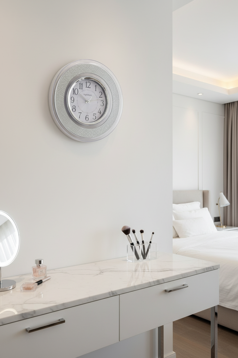 Ingraham 12 inch Silver Glitter Wall Clock above white marble makeup vanity in modern master bedroom — More4less Outlet