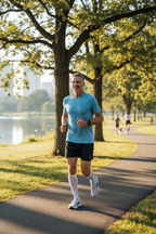 Fit middle-aged man jogging outdoors in park on sunny morning healthy lifestyle photo