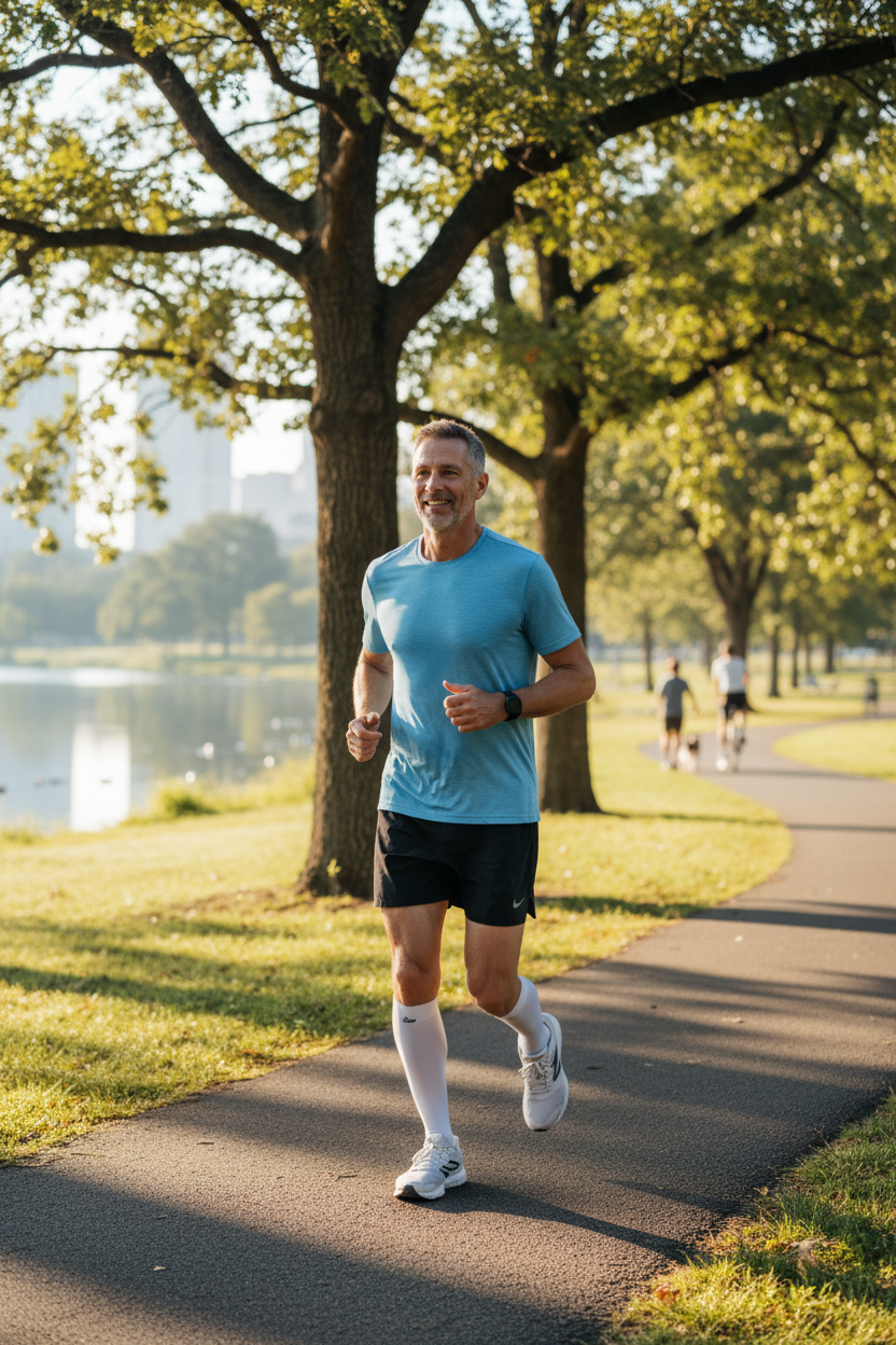 Fit middle-aged man jogging outdoors in park on sunny morning healthy lifestyle photo