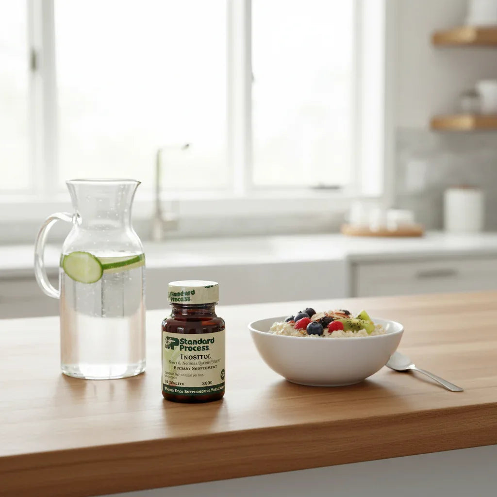 Standard Process Inositol on wooden breakfast bar with water carafe and healthy morning meal for wellness routine