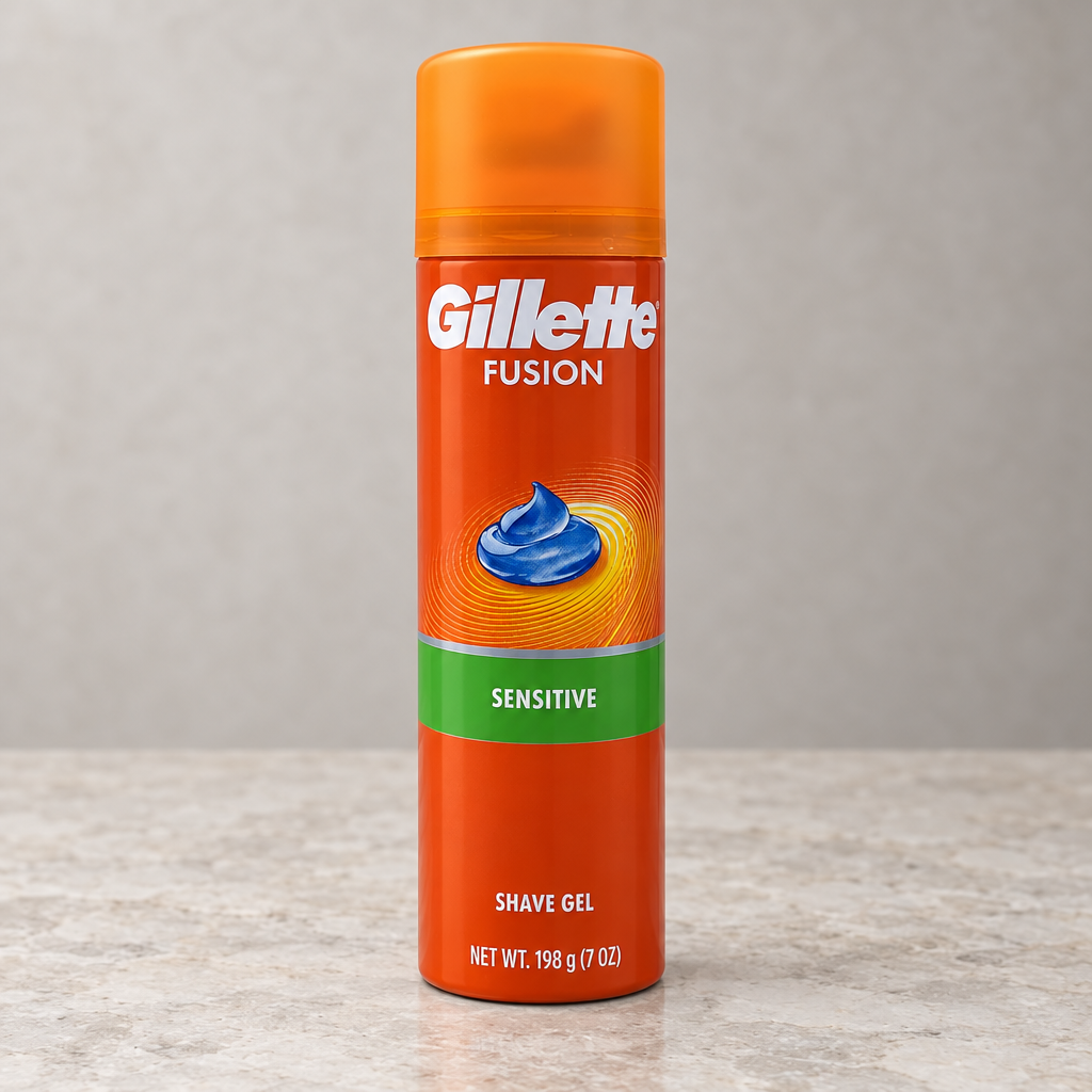 Gillette Fusion Sensitive 7 oz shave gel can on pale stone