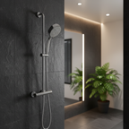 Grohe Tempesta Cosmopolitan 100 chrome shower head in a luxury spa bathroom with dark slate tile and warm ambient lighting.
