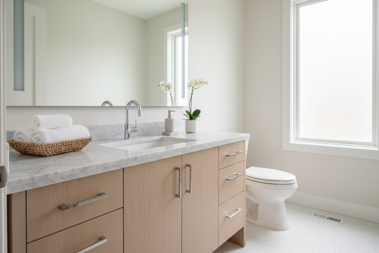 Professional vanity bathroom setup white marble chrome fixtures pristine tilework — More4less Outlet