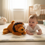 Baby doing tummy time next to Ebba Baby Lion Plush on soft play mat - More4less Outlet