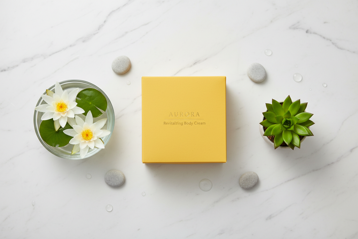 Top-down flat lay of yellow body cream box with white water lilies on marble