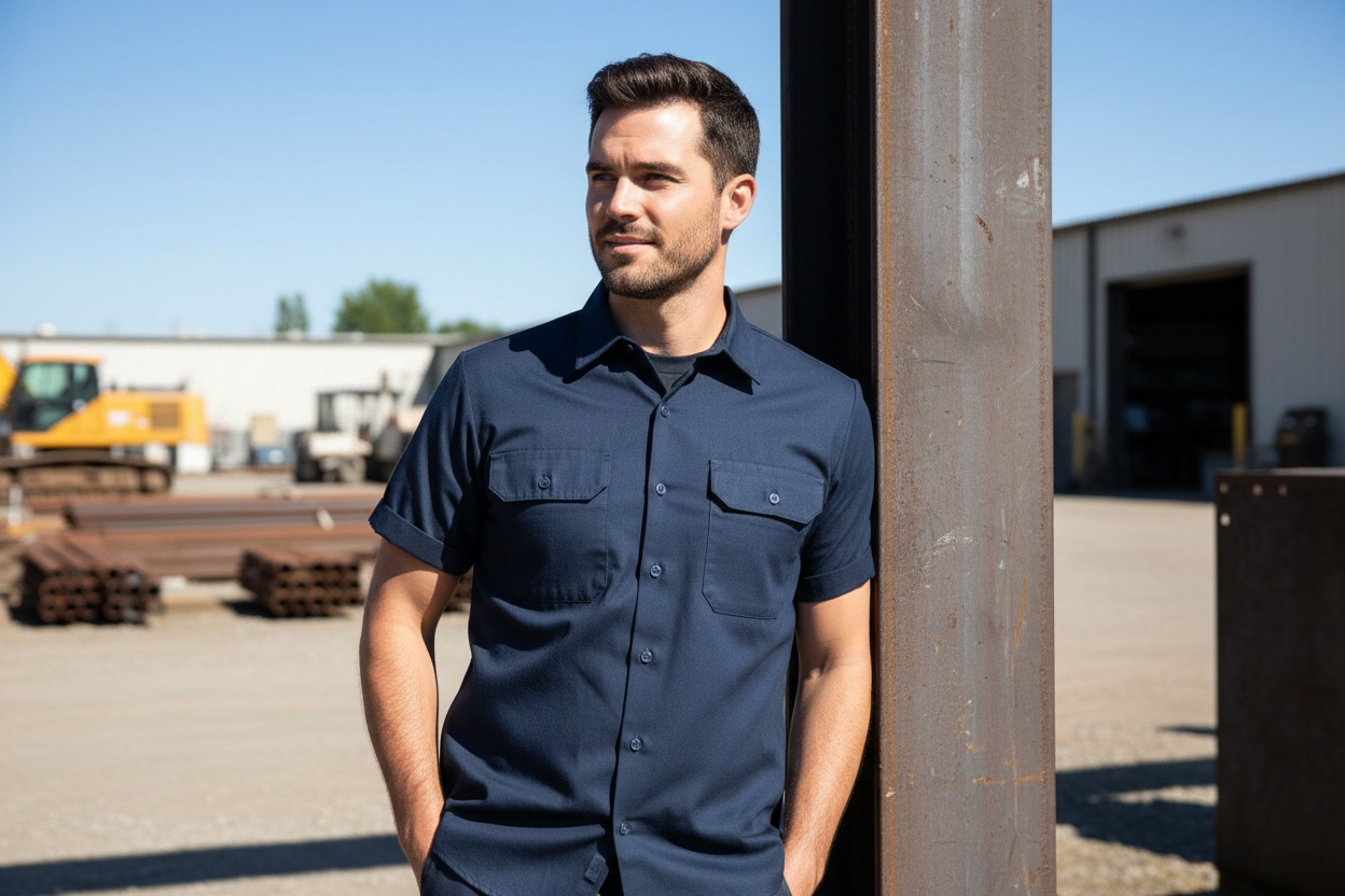 Dickies Original Fit Short Sleeve Work Shirt dark navy size M worn outdoors in sunny industrial setting – More4less Outlet