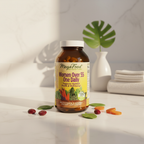 Multivitamin amber glass bottle on white quartz vanity in soft morning light – More4less Outlet