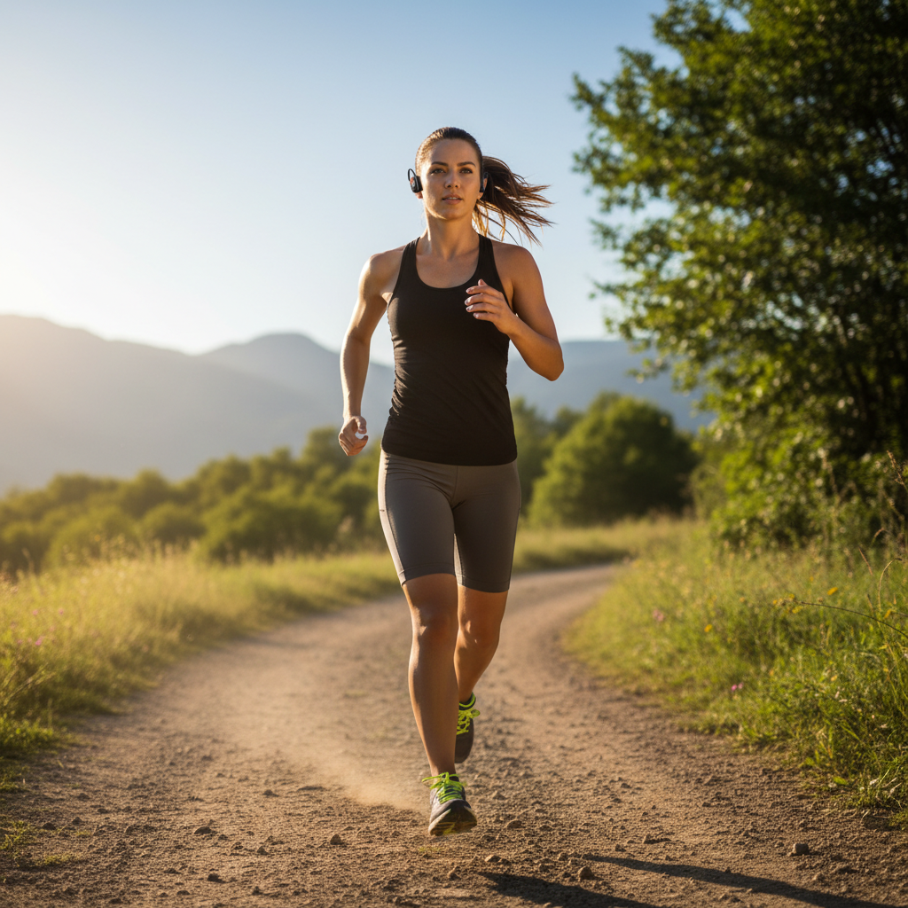 Person running outdoors wearing black wireless sport earbuds with ear hooks