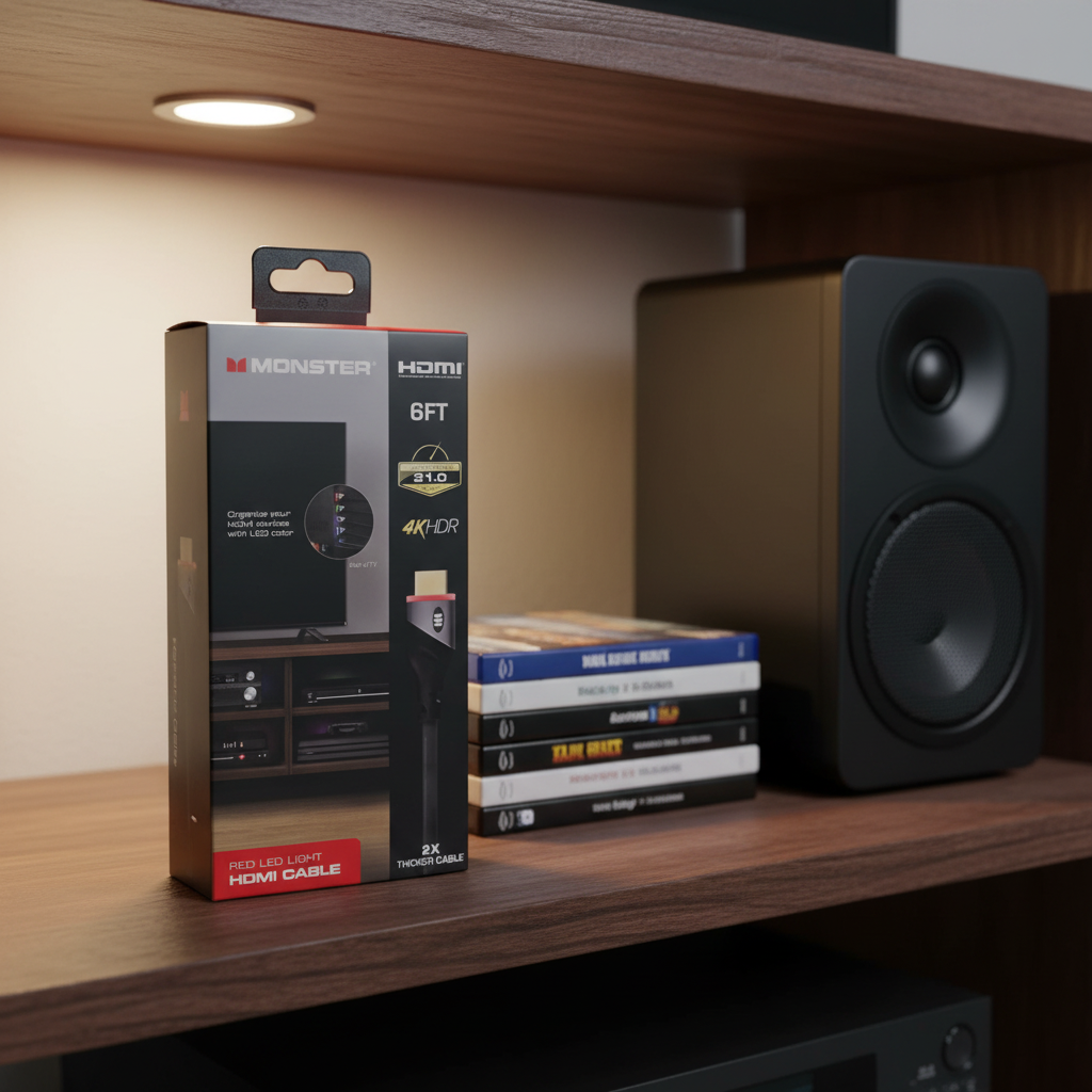 Monster 6ft Red LED HDMI Cable retail box on dark wood media shelf next to Blu-ray cases and home theater speaker
