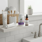 Mary Ruth's Iron Gummies bottle on organized bathroom wellness shelf lifestyle image