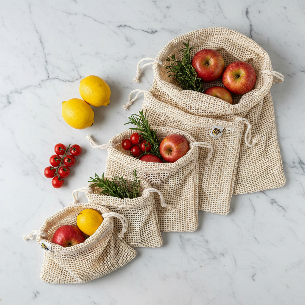 SuperBee organic cotton mesh produce bags flat lay on white marble with fresh fruits and vegetables