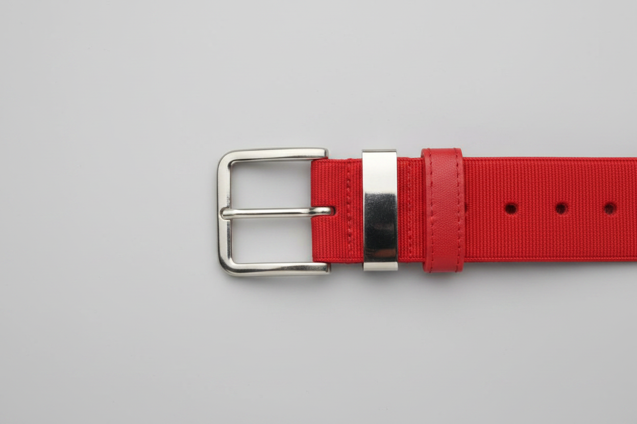 Close-up of Adidas Performance red elastic baseball belt silver metal buckle and branding label – More4less Outlet