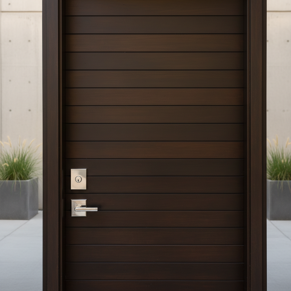 Modern dark wood apartment entry door with square polished chrome Kwikset deadbolt installed – elegant residential setting