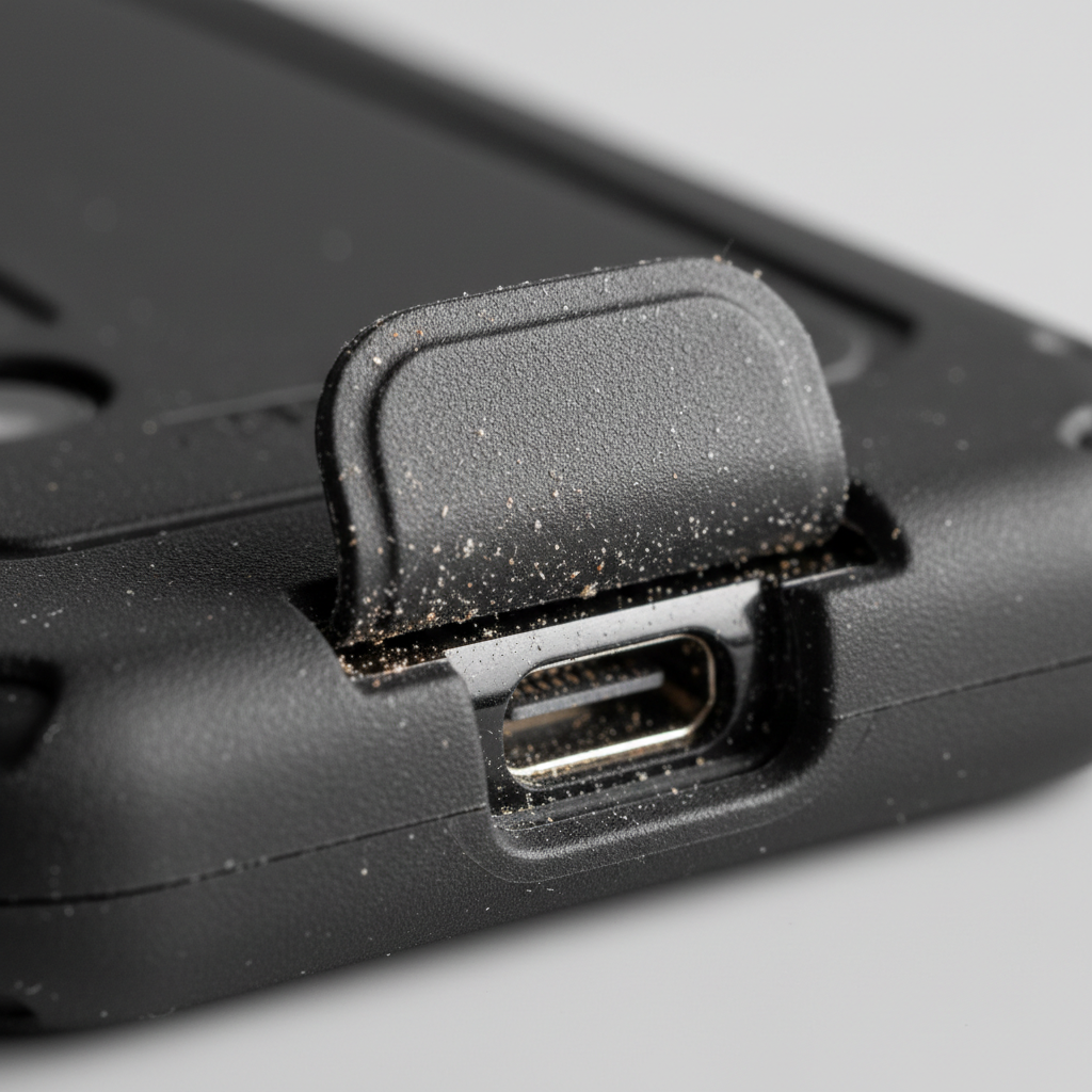 Close-up macro of black rugged phone case port cover open showing dust-blocking design detail