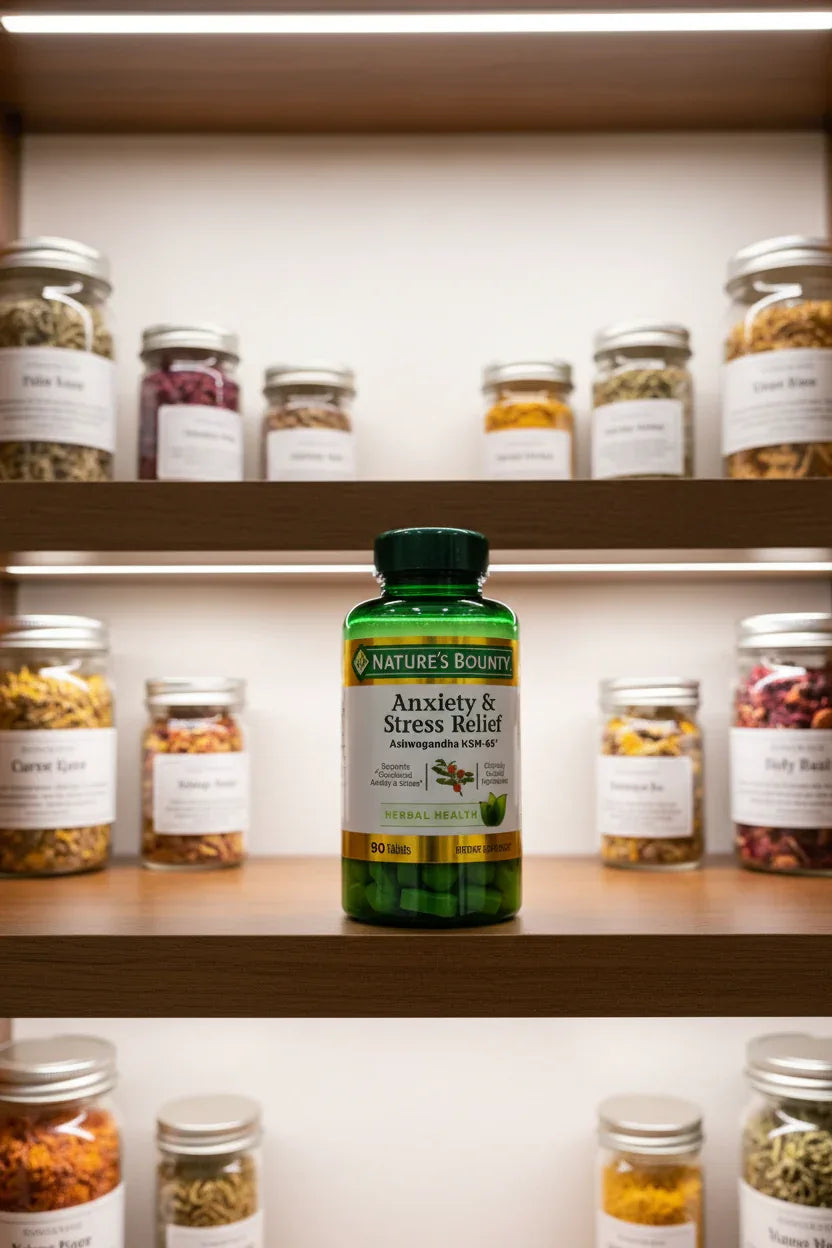 Nature's Bounty Ashwagandha KSM-66 90 Tablets in professional medicine cabinet with premium botanical jars and soft recessed lighting — More4less Outlet.